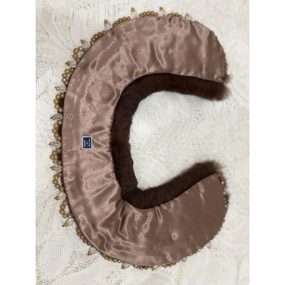 Vintage Brown Fur Collar Beaded Trim Made In Japan Removable Coat Collar